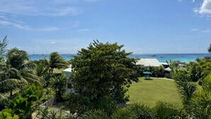 Een tropisch resort met uitzicht op de oceaan, palmbomen en een gazon.