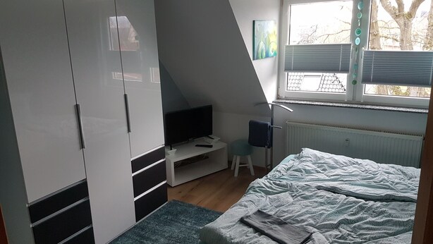 Une chambre à coucher avec un lit, une télévision, un bureau et une armoire.