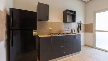Fridge, microwave, stovetop, cookware/dishes/utensils