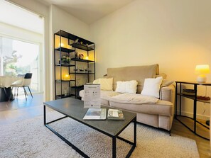 Smart TV, fireplace, books