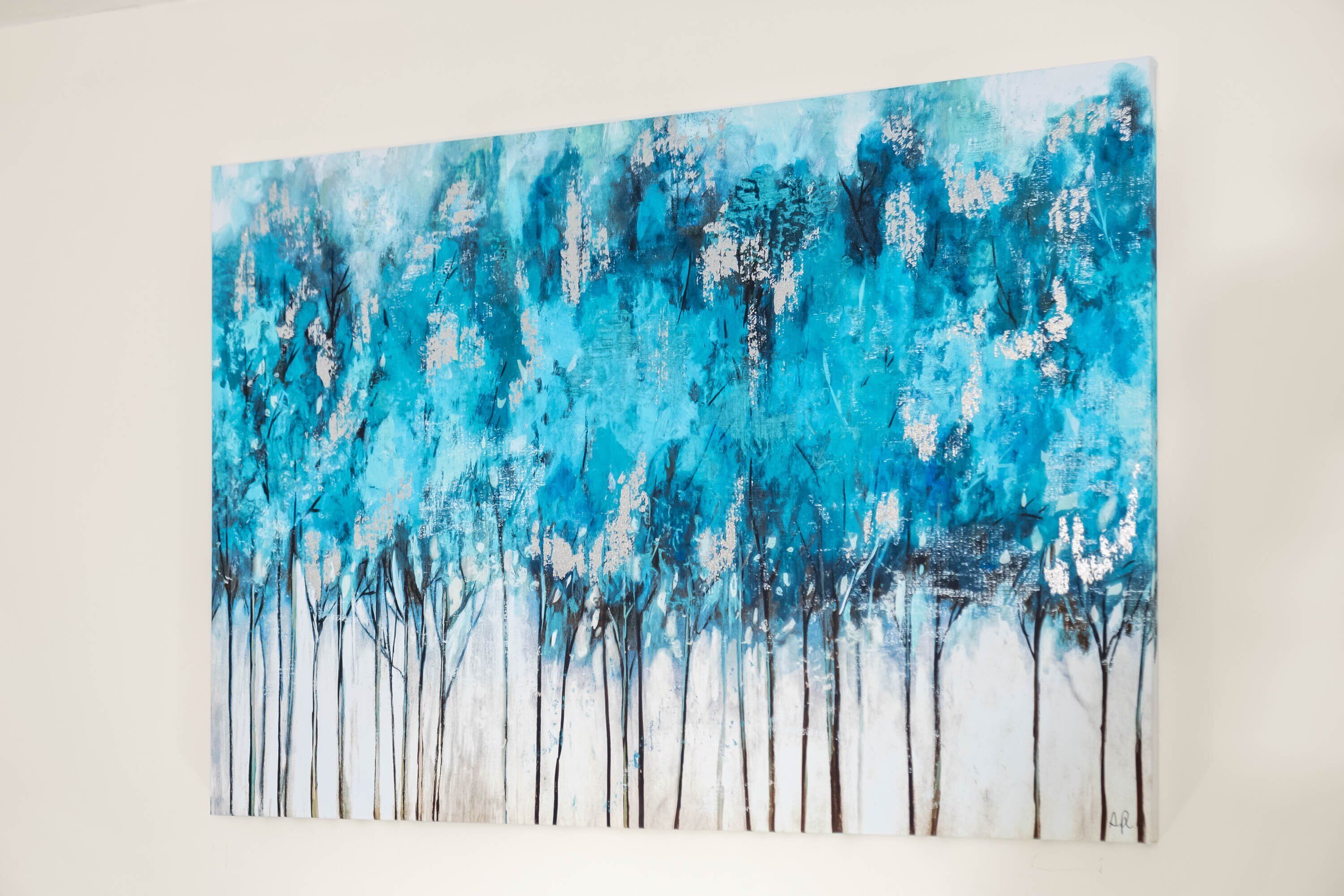 A large abstract painting with vertical lines and blue tones on a white wall.