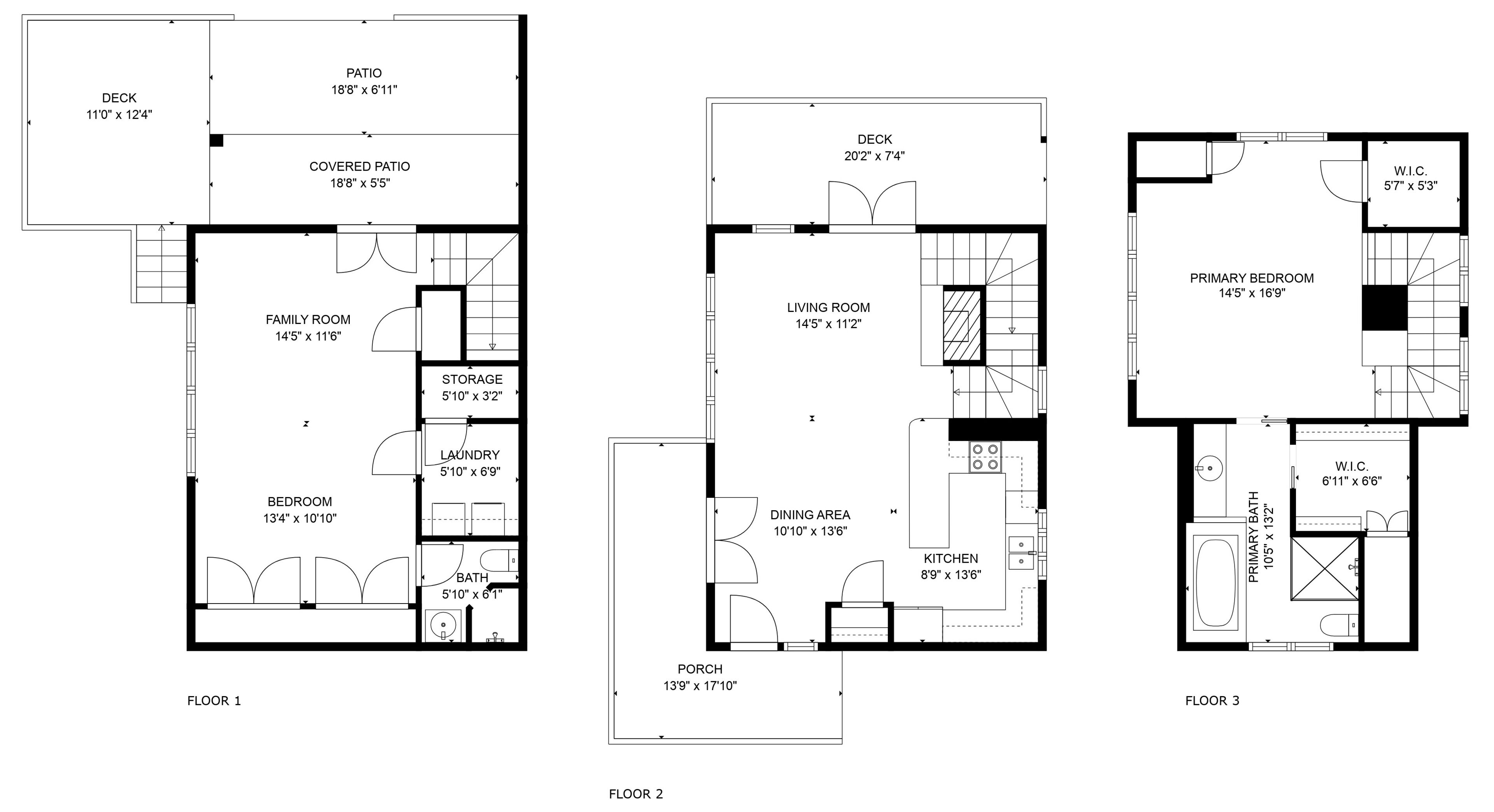 Trois plans d’étage d’une maison dotée d’une terrasse, d’un patio couvert, d’une salle familiale, d’un salon, d’un coin repas, d’une cuisine, d’une salle de bain et d’une chambre principale.