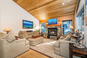 Smart TV, fireplace, music library, video library