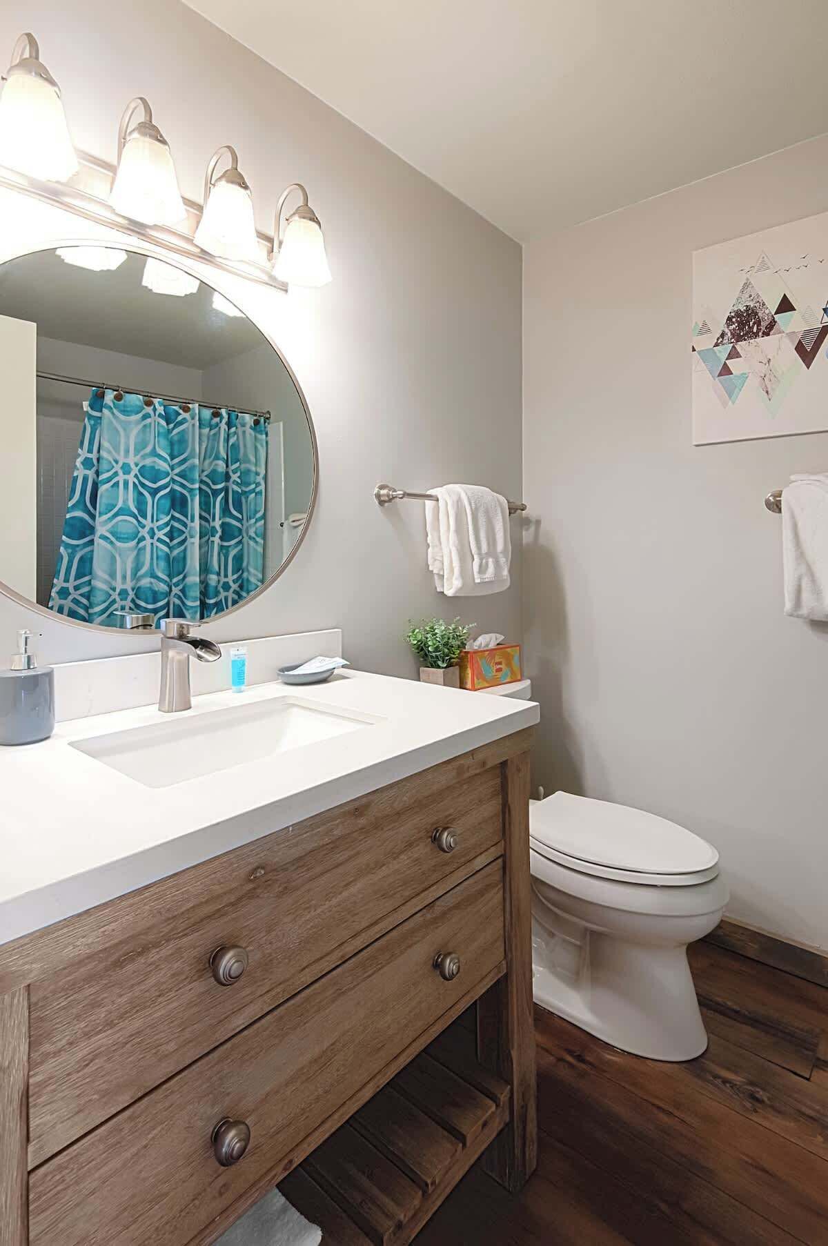 Une salle de bain avec un meuble-lavabo en bois, un lavabo blanc, un miroir avec éclairage intégré, des toilettes et un rideau de douche.