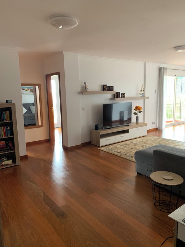 A modern living room with a flat-screen TV, wooden flooring, a grey sofa, and a bookshelf.