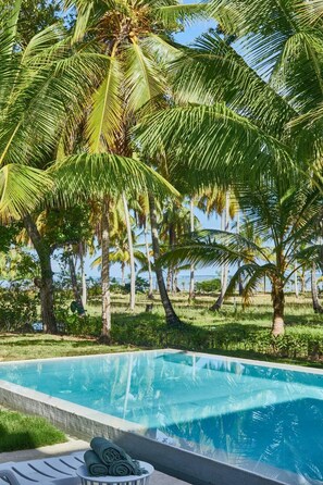 A swimming pool with a view of palm trees and a grassy area.