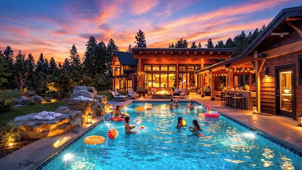 Ein Schwimmbecken mit Personen und Schwimmreifen, umgeben von einem Holzgebäude mit Barbereich.