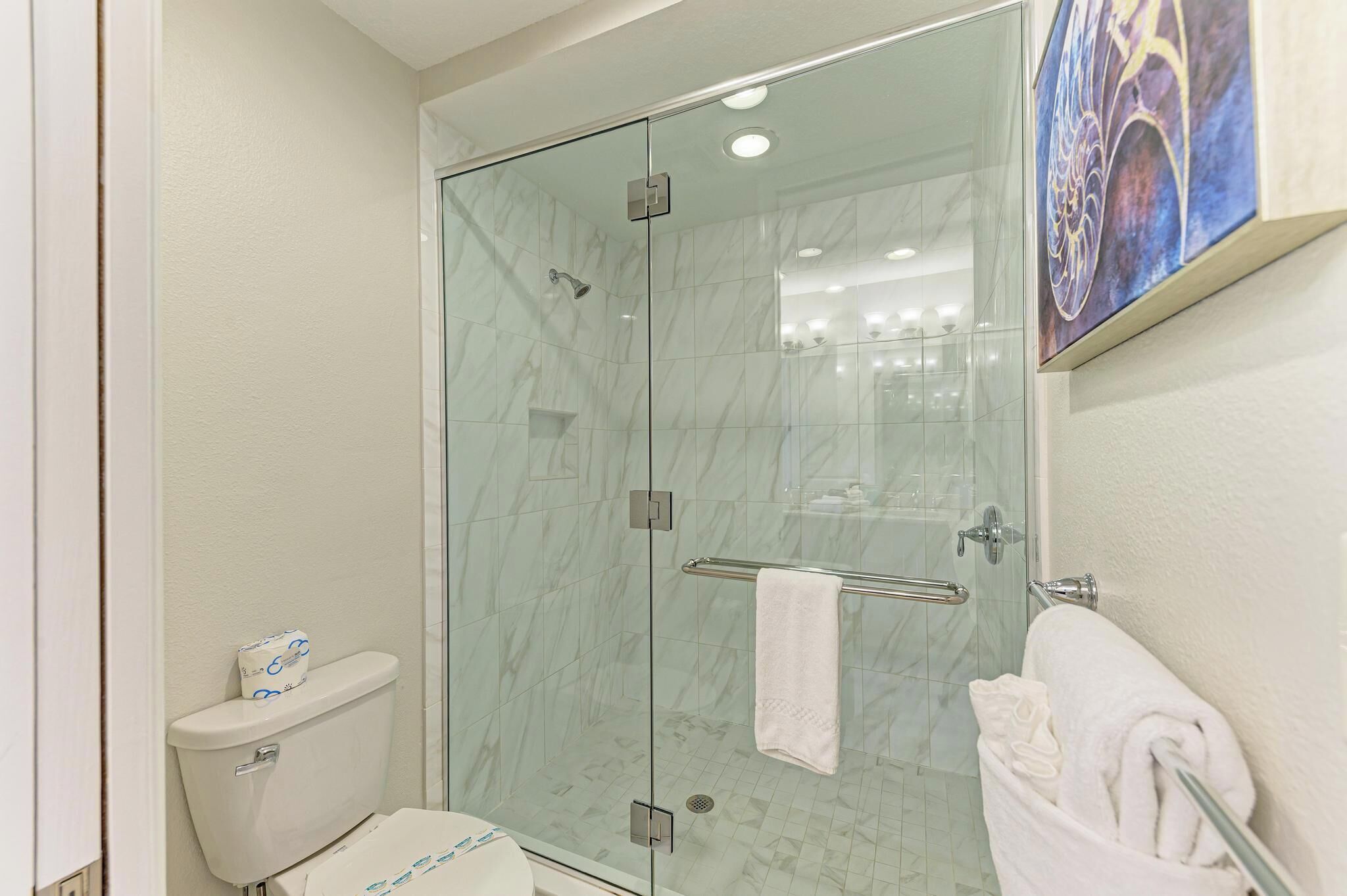 Une salle de bain moderne avec une douche à parois de verre, des toilettes et un porte-serviettes.
