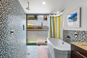 Shower, hair dryer, towels