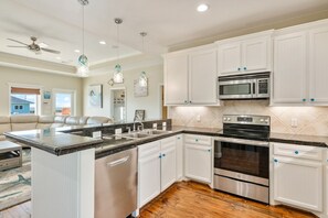 Fridge, microwave, dishwasher, coffee/tea maker
