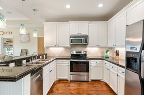 Fridge, microwave, dishwasher, coffee/tea maker