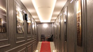 A hallway with a red carpet, white pebbles, and framed pictures on the walls. - 216 Silver Suite (Tuzla)