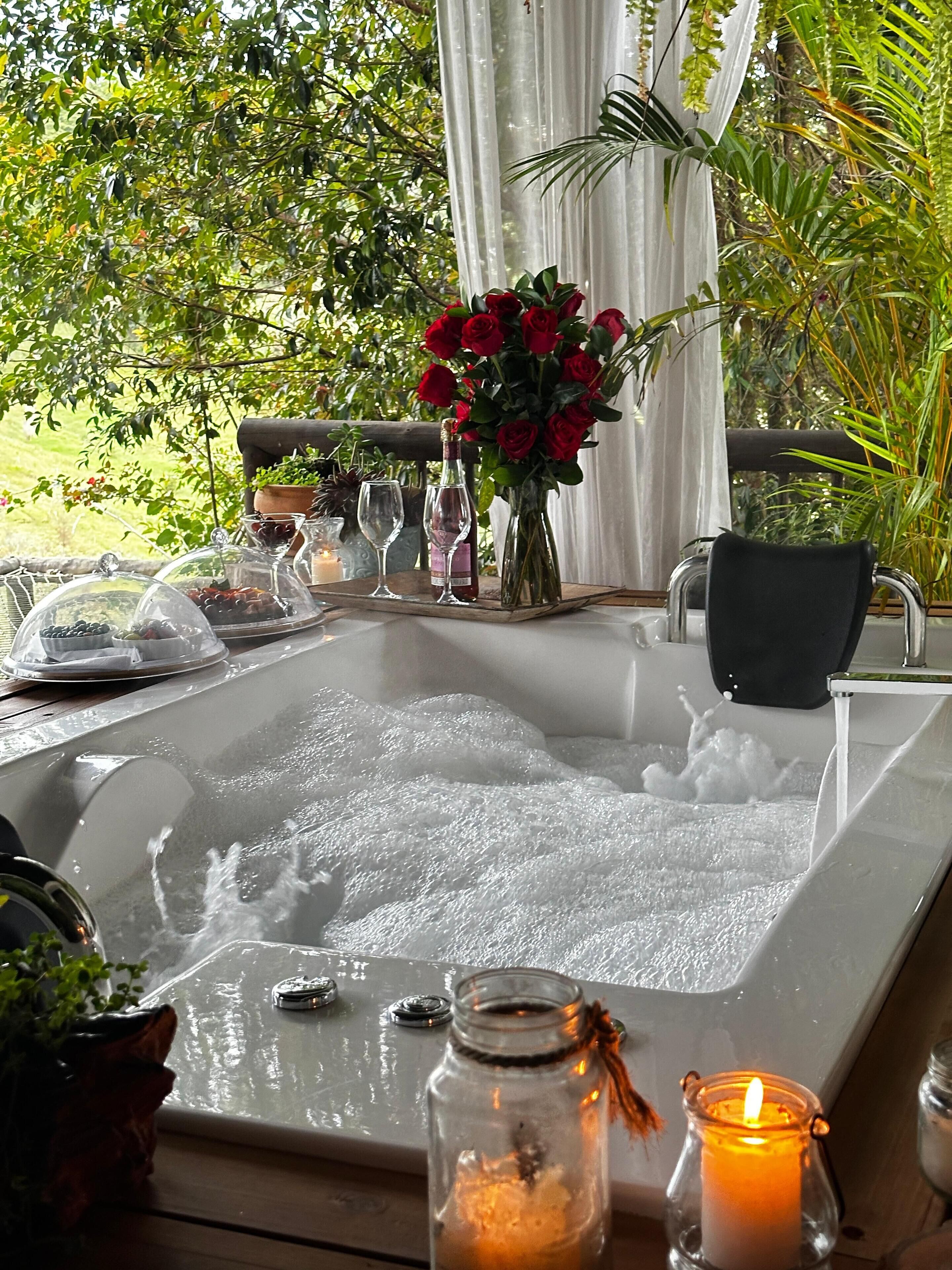 Un jacuzzi con cerramiento de vidrio, rodeado de follaje y una planta en maceta.