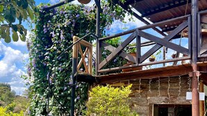 Une structure rustique en bois, dotée d’un escalier en bois menant à une zone abritée.