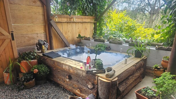A hot tub surrounded by potted plants and a wooden deck.