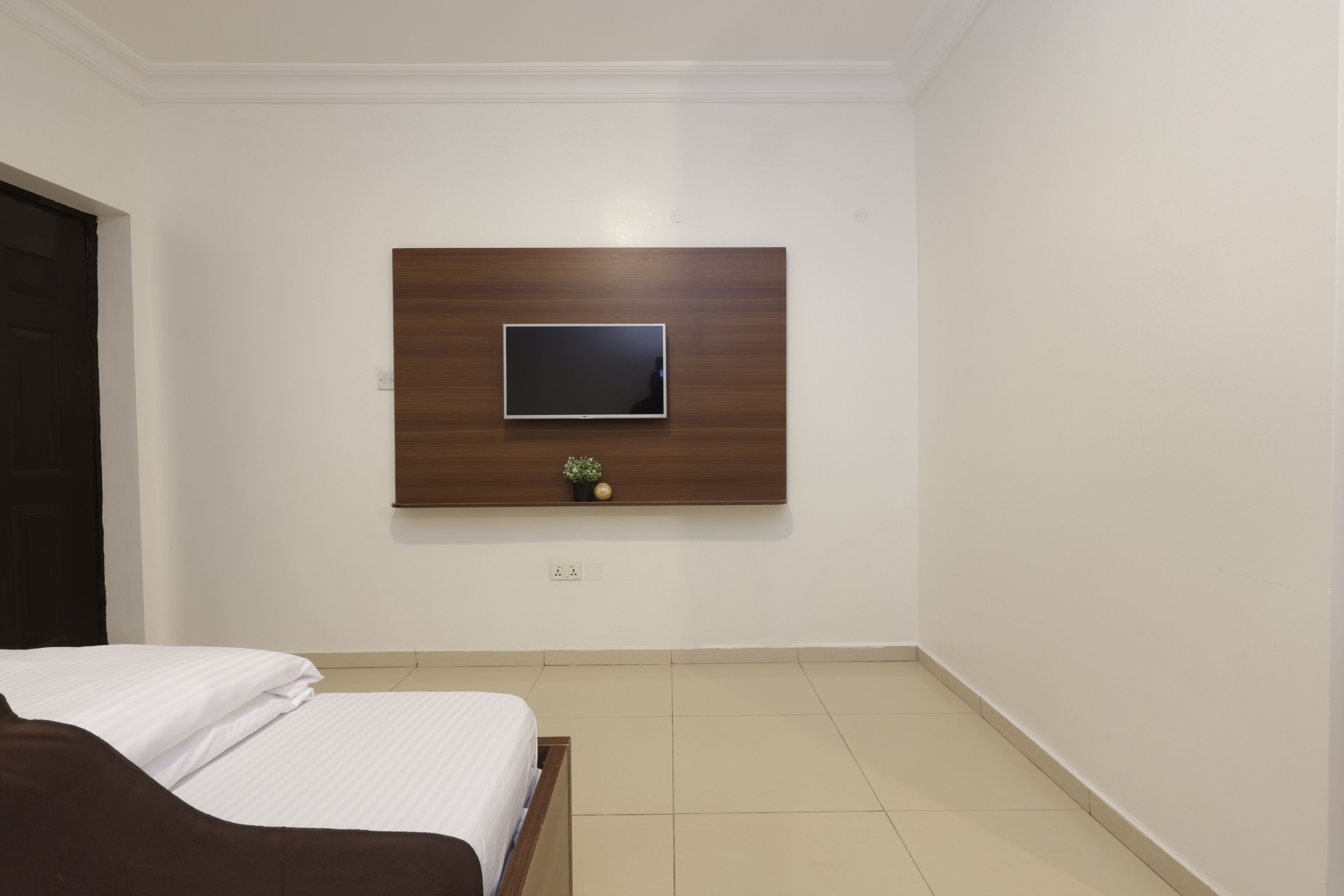 A hotel room with a bed, a flat-screen TV mounted on a wooden panel, and a small potted plant on the wall.