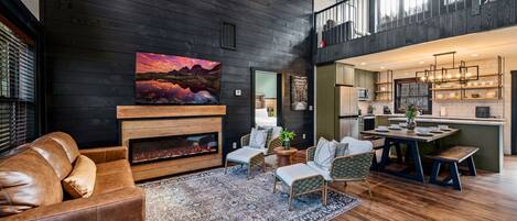 TV, fireplace, foosball