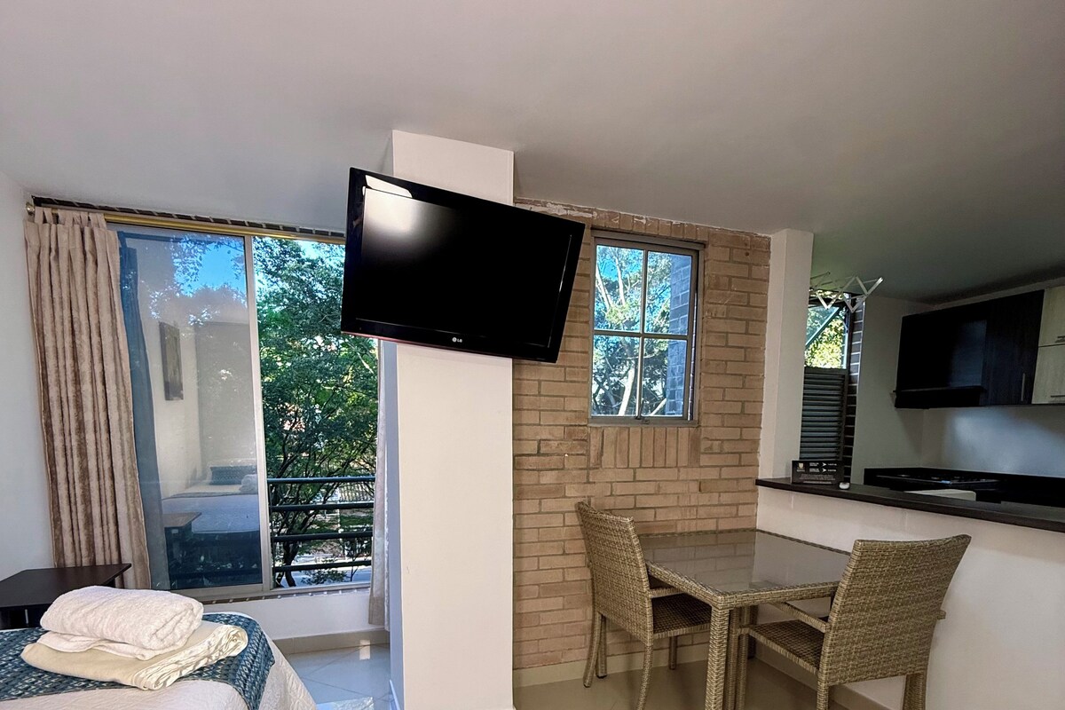 Une chambre d’hôtel comprenant un lit, une table à manger avec des chaises, un téléviseur à écran plat fixé au mur et une fenêtre donnant sur des arbres.