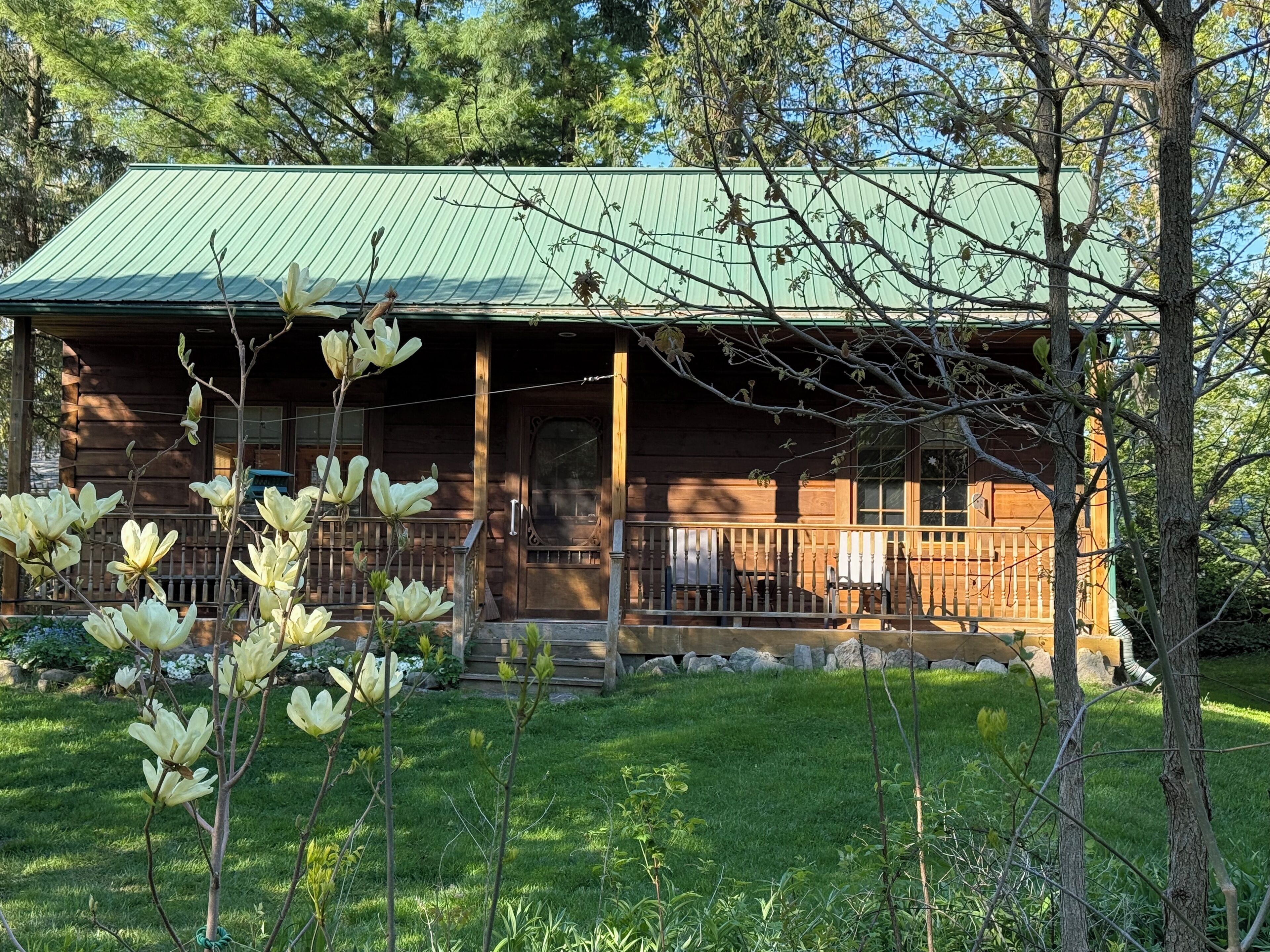 A wooden cabin with a green roof, a porch with a railing, and magnolia trees in the foreground.