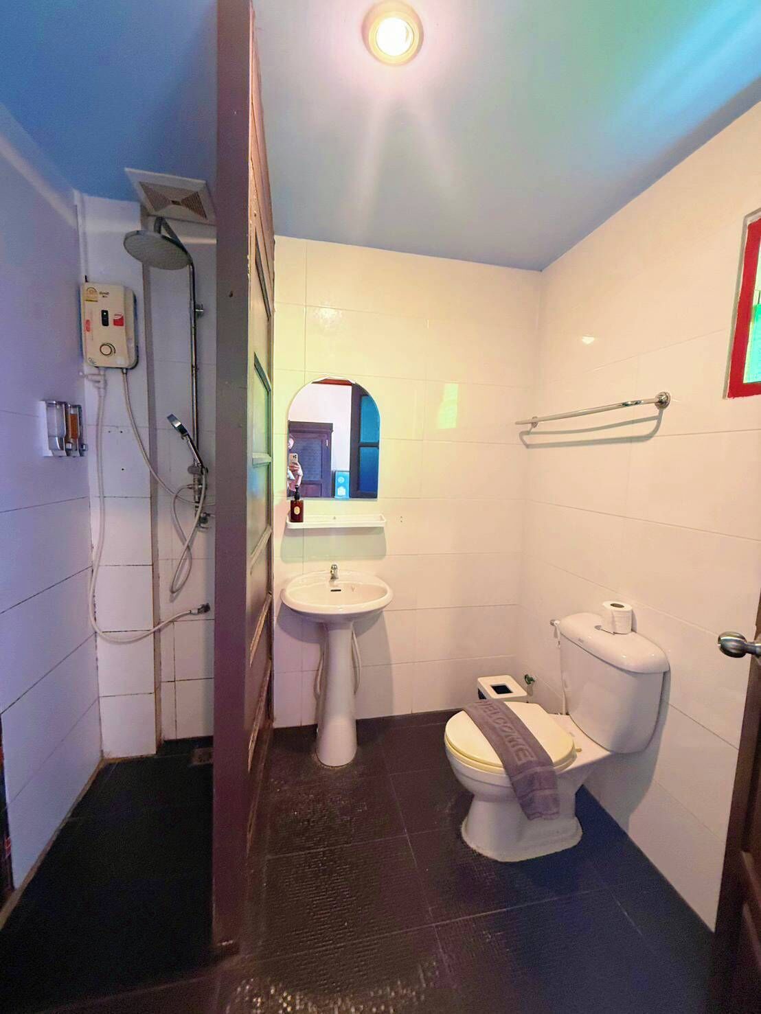 A bathroom with a toilet, sink, shower, and a mirror.