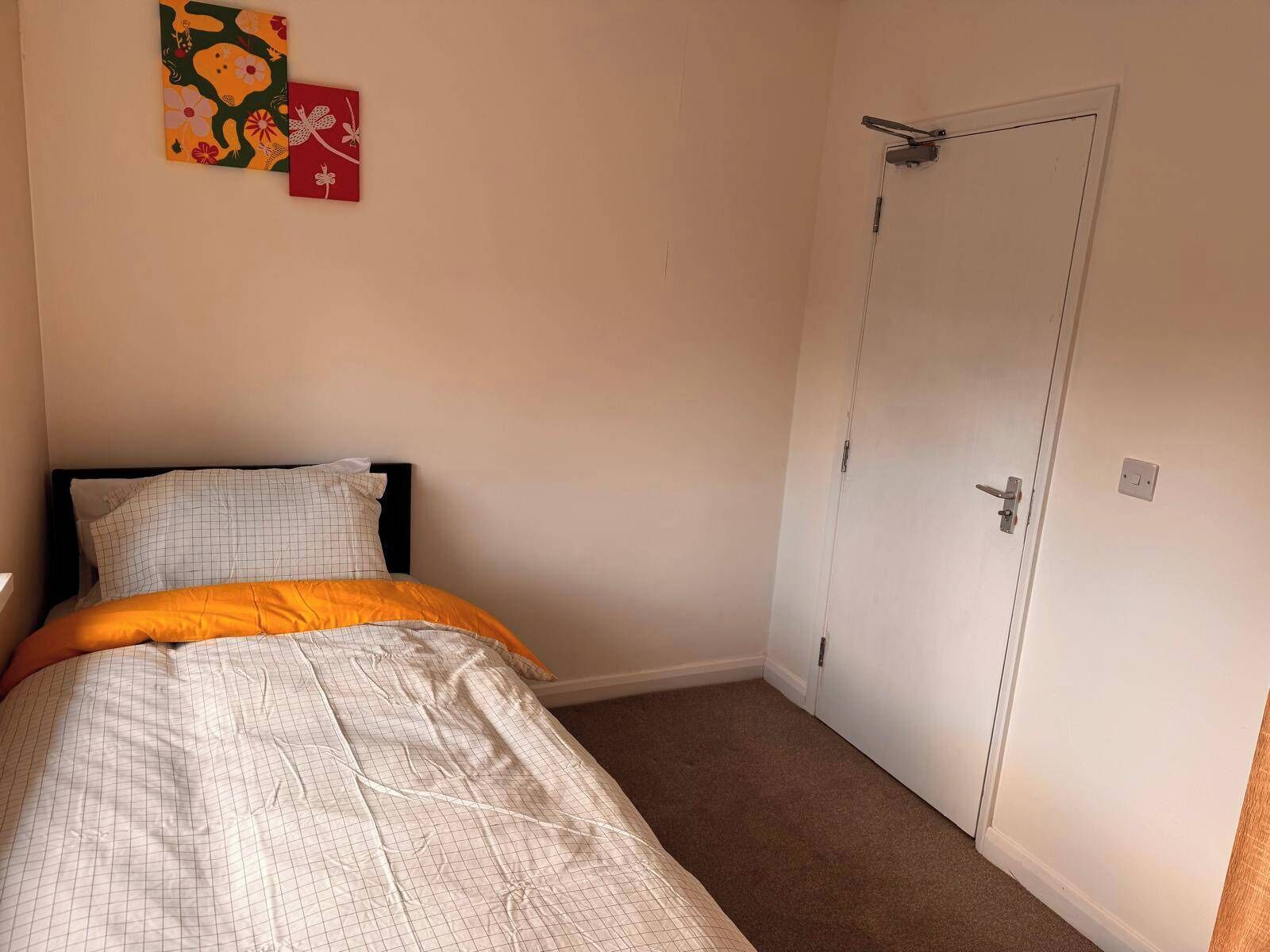 A bedroom with a bed, a door, and two wall-mounted artworks.