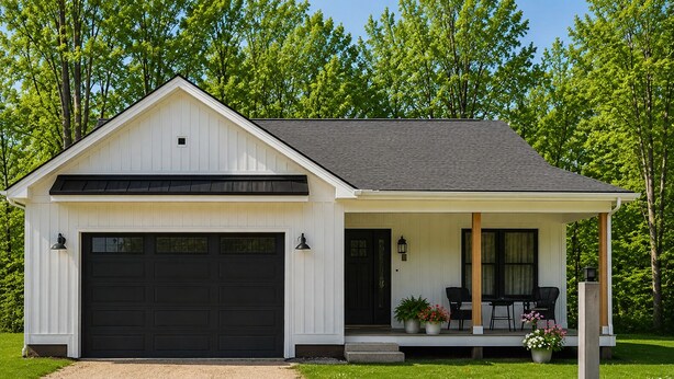 A single-story house with a garage, a covered porch with seating, and a well-maintained lawn. - The Maine Event- Wedding Weekend & Ski Getaways!  (Fryeburg)
