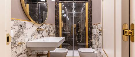 Shower, hair dryer, bidet, towels
