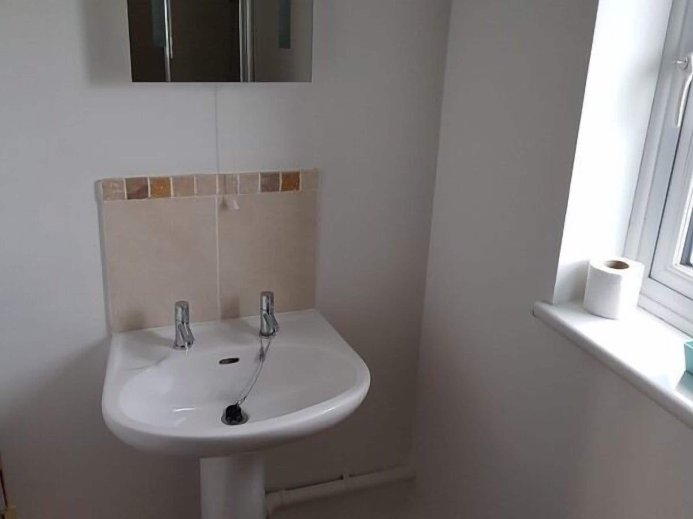 Une salle de bain avec un lavabo blanc, deux robinets, un miroir au-dessus du lavabo et une fenêtre sur le rebord de laquelle repose un rouleau de papier toilette.