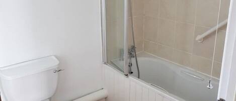 A small bathroom with a toilet, a shower enclosure, and a wooden floor.