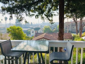 Outdoor dining - Charming 3-balcony condo, heart of Santa Cruz! River, Boardwalk and Ocean Views! (Santa Cruz)