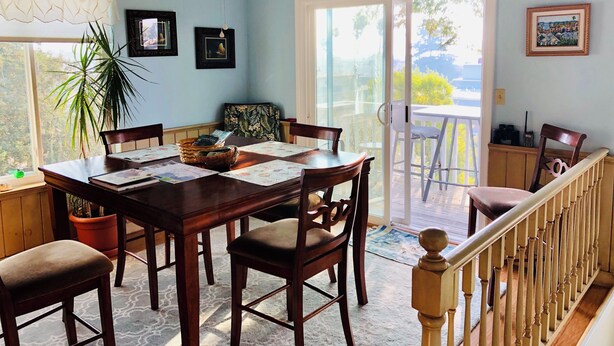 A dining area with a wooden table, chairs, and a ceiling fan. There is a potted plant and a window with a view of greenery.