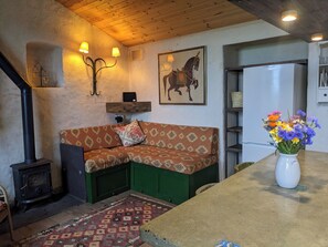 Smart TV, chimenea, libros