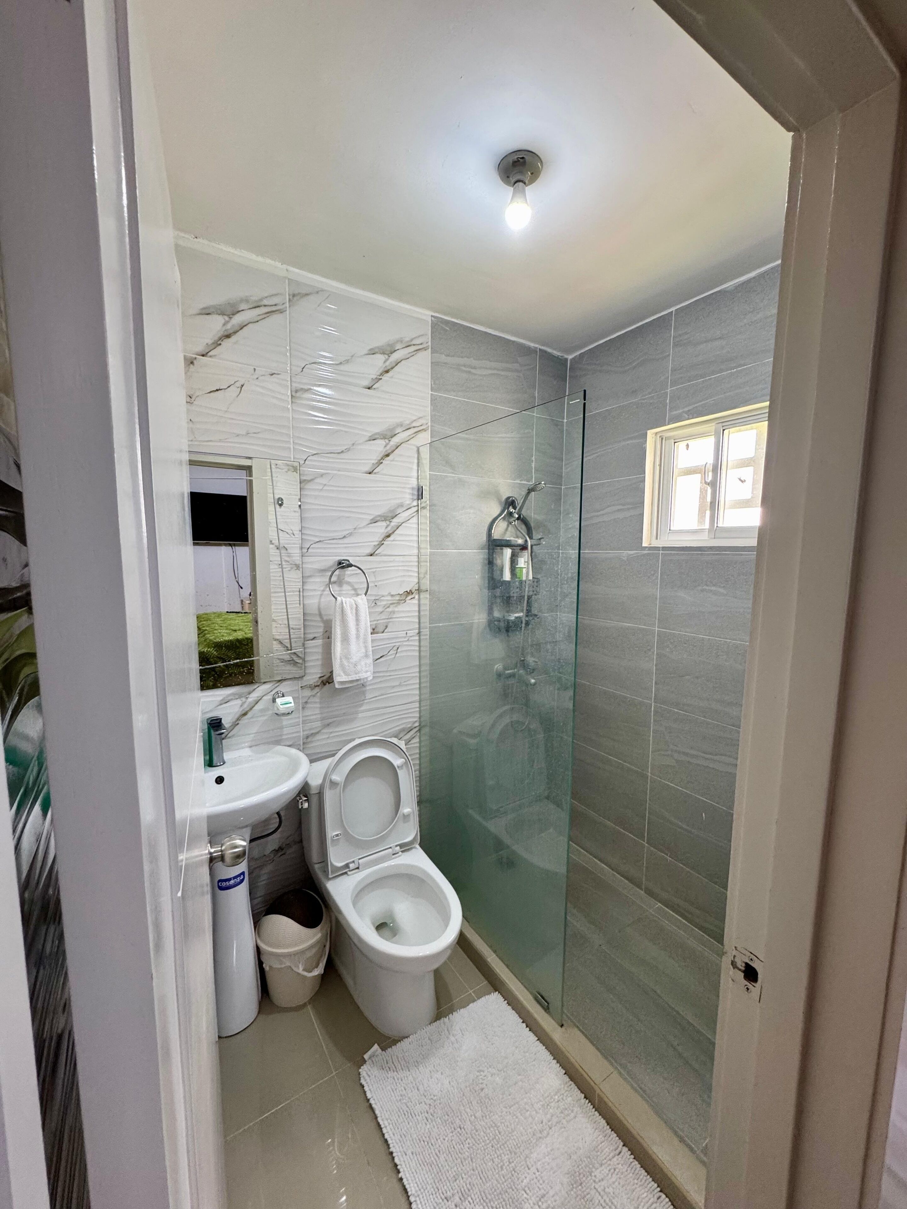Hair dryer, towels, soap, toilet paper
