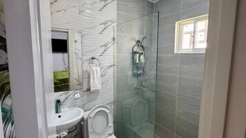 Hair dryer, towels, soap, toilet paper