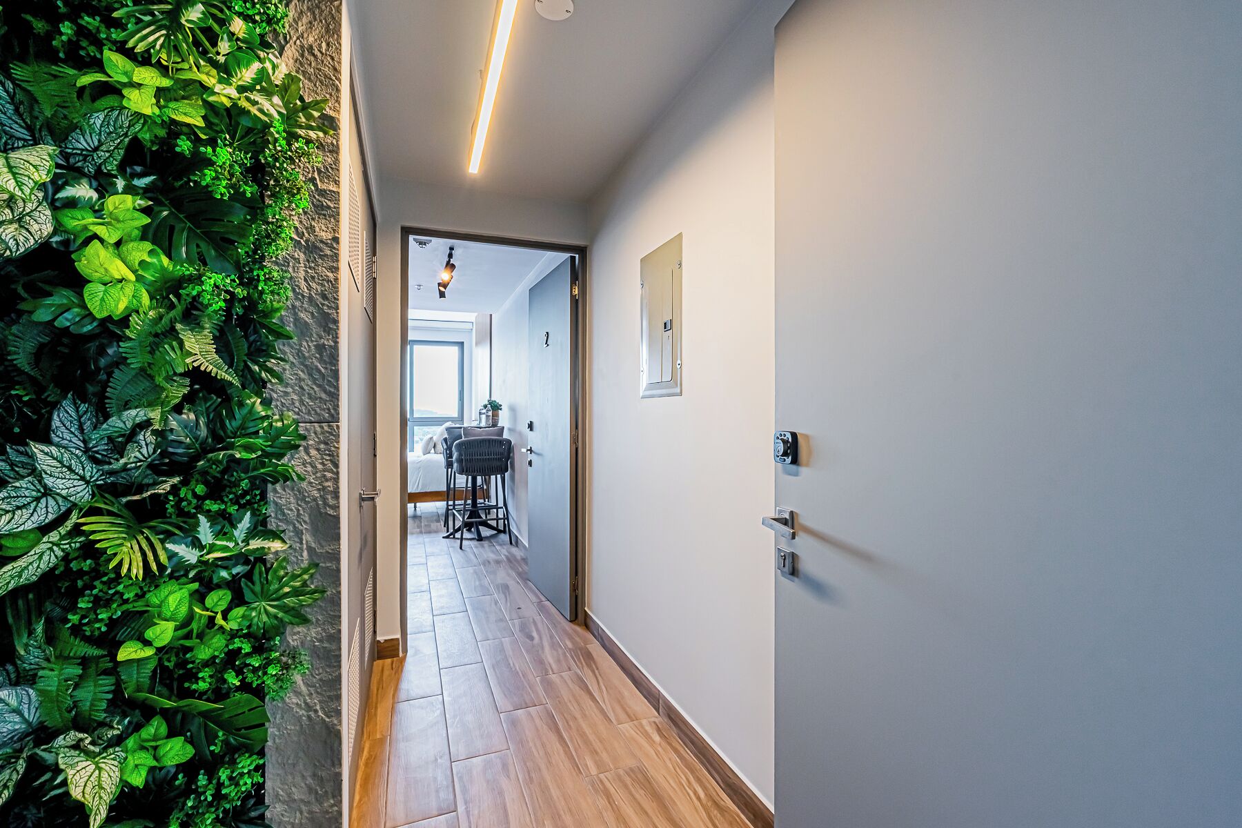 A hallway with a green plant wall, a wooden floor, and a door leading to a room with a bed and a table.