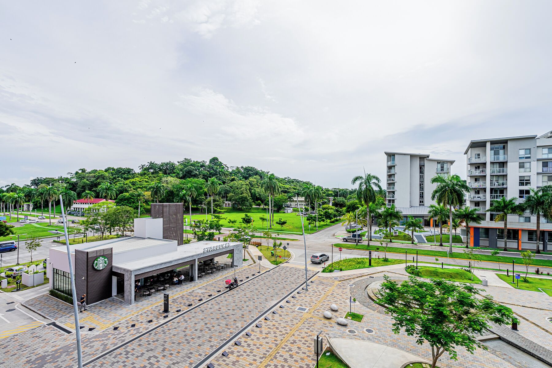 A modern urban area with a Starbucks, a pedestrian plaza, and residential buildings.