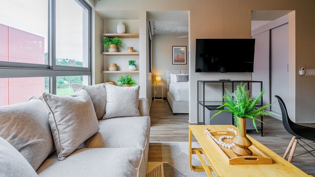 A modern living room with a sofa, a wooden coffee table, a TV, and a plant. - Centriqo by Wynwood house  (Veracruz)