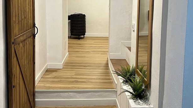 A hallway with wooden flooring, a large mirror, and a small plant. - La Cuadra. Peace and tranquility in a privileged rural setting (Villaluenga del Rosario)