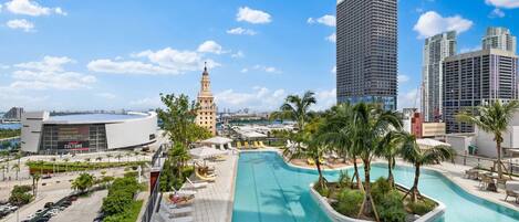 Outdoor pool, pool umbrellas, pool loungers