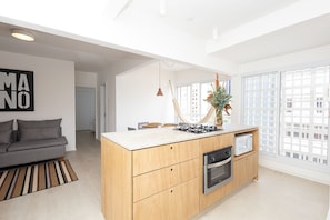 Fridge, microwave, oven, cookware/dishes/utensils