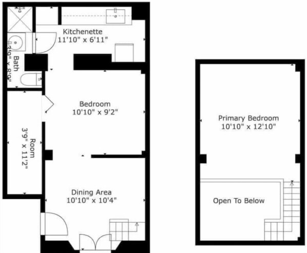 Een plattegrond met een keuken, slaapkamer, eethoek en badkamer.