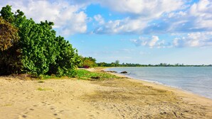 A sandy beach with footprints, green foliage, and a calm body of water under a partly cloudy sky.