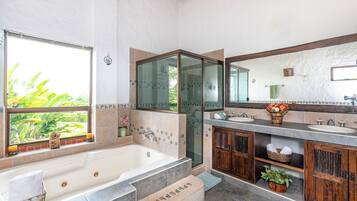 Shower, hair dryer, bidet, towels