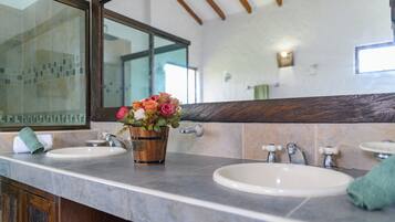 Shower, hair dryer, bidet, towels