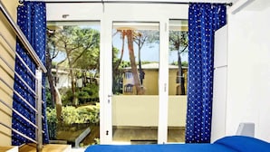 A bedroom with a bed, a glass door leading outside, and blue curtains.