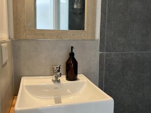 Shower, hair dryer, towels