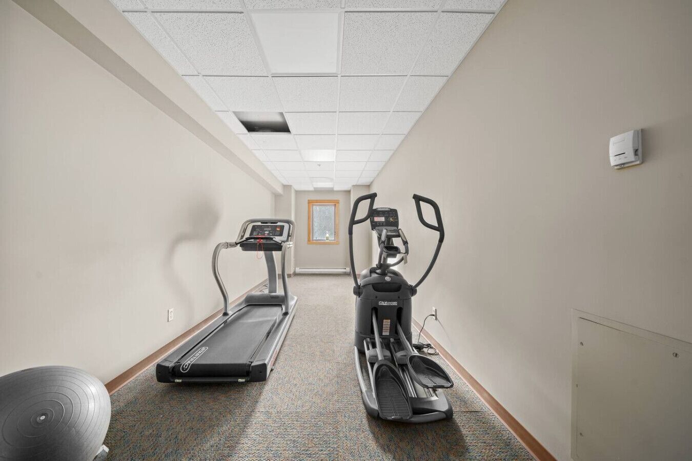 A hallway with a treadmill and elliptical machine, carpeted floor, and a door at the end.