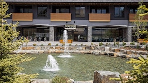 Een modern hotel met een gevel van natuursteen, terras en een fontein.