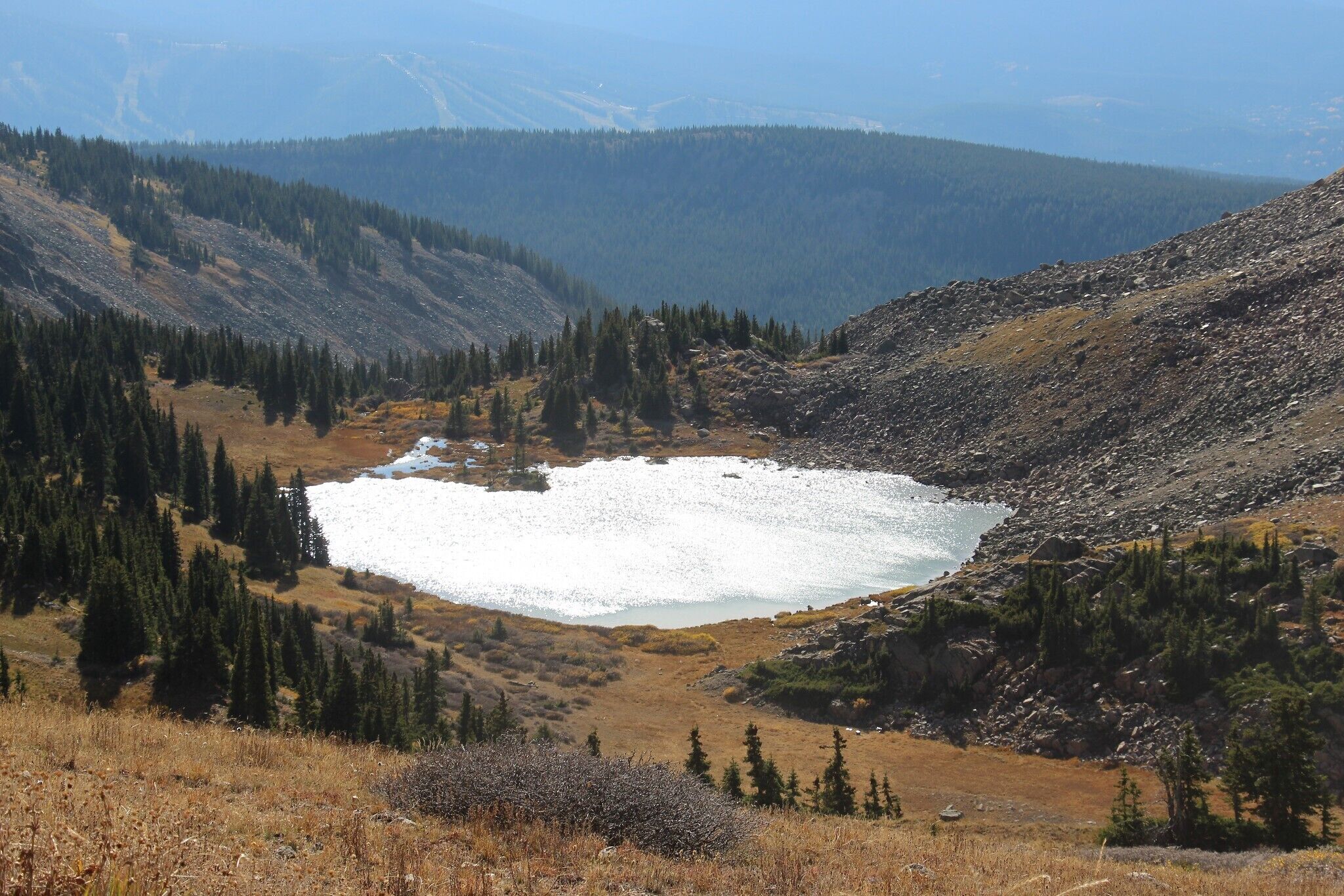 Un paisaje montañoso con un lago glaciar rodeado de bosques densos y terreno rocoso.