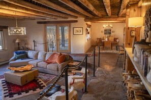 Smart TV, fireplace, books, stereo